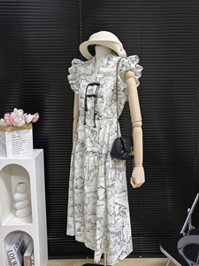 新中式水墨印花连衣裙2024新款女夏季盘扣设计显高显瘦小飞袖裙子