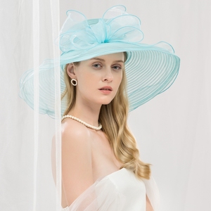 ee早春新款英式马尾纱波浪边宽檐礼帽 春夏遮阳帽子女 4036