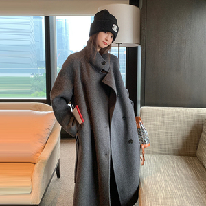 灰色双面羊绒大衣女中长款2023冬季新款气质高级感立领羊毛呢外套