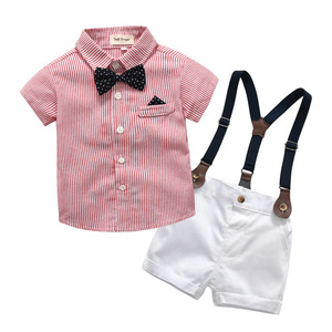 欧美男童背带裤套装夏季短袖衬衫男宝宝绅士服粉红色白色短裤婴儿