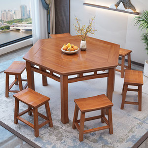 六角桌实木六边形餐桌椅子饭店新中式仿古原木茶楼吃饭桌子八仙桌