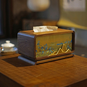 新中式纸巾盒高级实木黑胡桃木质摆件国风桌面轻奢茶几高档抽纸盒