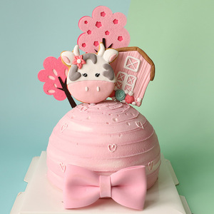 烘焙生日蛋糕插件配件装饰牛宝宝小奶牛属牛软陶小房子摆件粉女孩