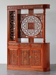 中式仿古榆木门厅柜雕花屏风隔断玄关柜客厅实木双面储物鞋柜酒柜