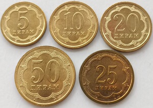 塔吉克斯坦2001-2006年硬币5枚一套大全套 5-10-20-25-50索莫尼