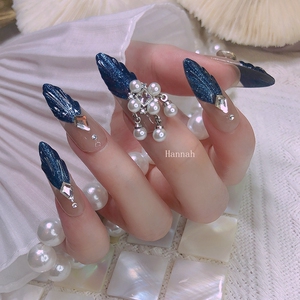 手工定制美甲成品穿戴甲贴片超长尖人鱼珍珠新娘孕妇防水重复使用