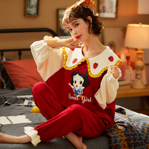 睡衣女秋冬季纯棉长袖卡通甜美公主宫廷风娃娃领红家居服两件套装