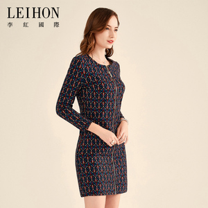 leihon/李红国际专柜新款异国风情拉链印花中长款连衣裙女
