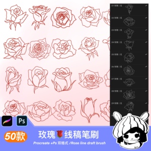 玫瑰线稿ps笔刷procreate笔刷花朵鲜花植物装饰手绘插画iPad素材