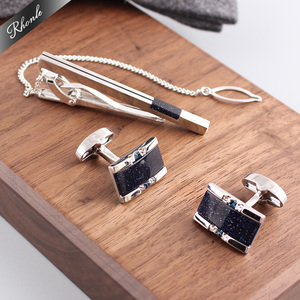 新包邮 蓝砂石长形袖扣水钻领带夹套装法式衬衫袖钉领夹西装衬衫