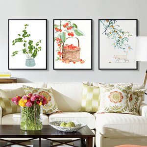 水彩简约装饰画水粉淡彩挂画植物水果樱桃猫水墨中式客厅花卉动漫