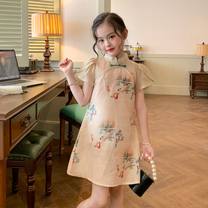 原创童装女童中国风旗袍裙夏装新款儿童新中式仿天丝花瓣袖连衣裙