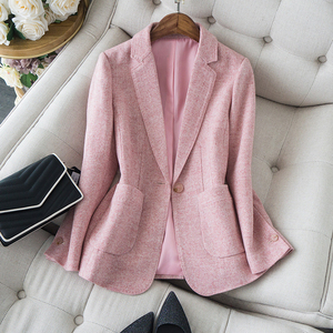 早春西服ins 粉色羊毛西装设计感夹花大口袋装饰气质小西装外套女