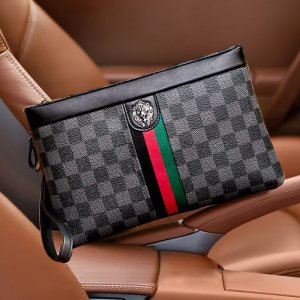 男士手拿包真皮高档手抓包时尚防水商务手包防盗刷菱格子男夹包