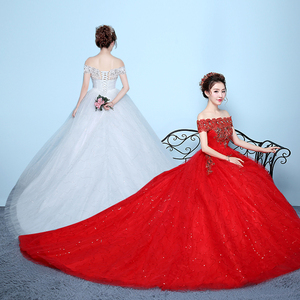 奢华红色婚纱2024新款气质拖尾新娘高腰韩式孕妇一字肩遮粗手臂