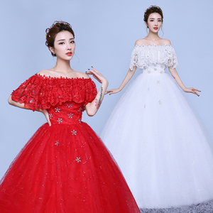 红色婚纱礼服2024新款新娘气质复古韩式小个子一字肩显瘦森系简约