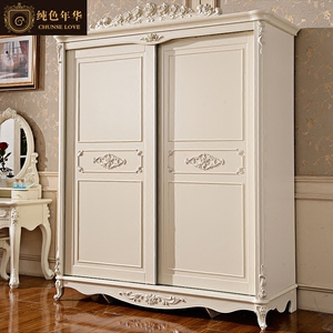 欧式衣柜推拉门白色雕花实木趟门储物柜简约卧室家具田园移门衣橱
