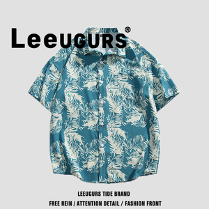 leeugurs夏威夷花衬衫男士海边沙滩夏情侣出差度假蓝色短袖衬衣