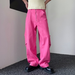 美式复古高街牛仔裤男oversize潮牌宽松直筒粉红色裤子夏季工装裤