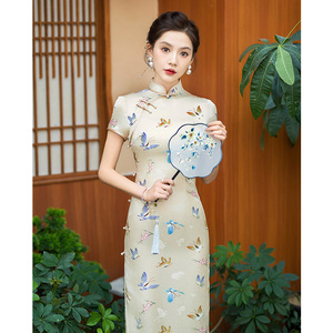 夏季长款真丝旗袍桑蚕丝高端手工气质年轻款少女改良式中国风礼服