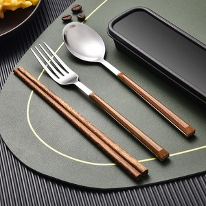 筷子勺子套装不锈钢便携餐具收纳盒叉子家用单人木筷子三件套