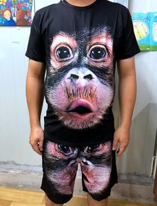 夏季加大码短袖T恤运动套装猴子印花搞笑大猩猩两件同款半袖衣服