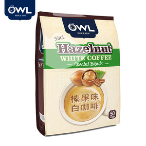 马来西亚进口新加坡OWL猫头鹰拉白咖啡榛果味1000g50条装速溶咖啡