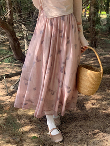 粉色蝴蝶半身裙长款夏季a字伞裙超仙三层垂坠感大摆流光纱裙套装