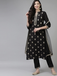 印度进口女装丝绵3件套传统旁遮比套装金线刺绣印巴民族风 黑色