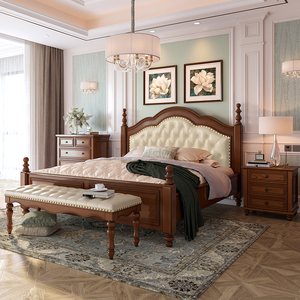 美式双人床实木主卧真皮复古1.8米大床简约欧式卧室成套家具婚床