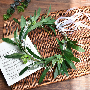 森系新娘仿真橄榄叶枝度假花环头饰影楼拍照结婚发饰婚纱配饰发箍