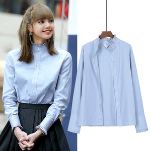 lisa明星同款蓝色花边立领衬衫甜美气质设计感上衣女2021秋季百搭