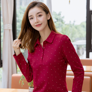 翻领长袖polo衫女中老年有领打底衫纯棉体恤中年上衣大码女装秋季