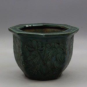 清光绪绿釉八方多肉菖蒲花盆仿古瓷器古董古玩收藏摆件老货旧货