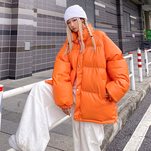 橙色棉服女秋冬季原创高街国潮牌加厚立领ins小众pu皮嘻哈面包服