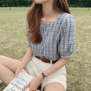 韩范chic泡泡袖格子衬衫女夏季2024新款小清新露锁骨方领上衣小衫