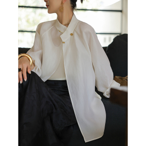 麻霖原创设计19姆米真丝欧根缎轻中式手工金扣半透中长外套罩衫