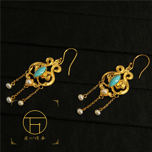 万宝德 唐代耳坠 原创松石古代花丝镶嵌耳坠 耳钩 耳环 汉服耳坠