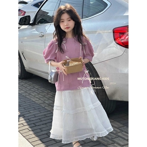 韩版女童装儿童夏季复古洋气蝴蝶结短袖T恤衬衫甜美半身裙子伞裙