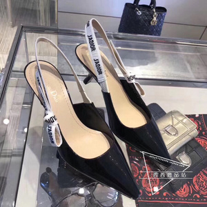 dior/迪奥 经典刺绣字母绑带蝴蝶结高跟鞋小猫跟尖头凉鞋漆皮女鞋