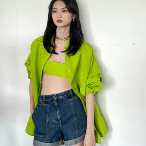 超模贺聪同款荧光绿亮色衬衫女宽松廓形开衫中长款防晒外套上衣潮