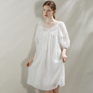 米可帛恩纯苎麻淑女风白色蕾丝法式宫廷风灯笼袖气质甜美连衣裙
