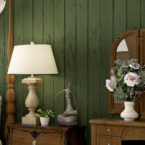复古美式乡村仿木纹无纺布壁纸卧室客厅沙发电视墙绿色竖条纹墙纸