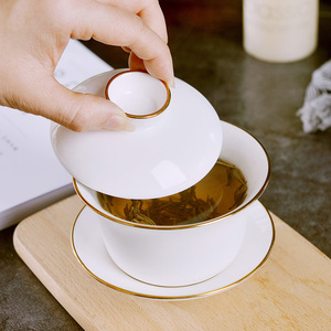 景德镇镶金边骨瓷单个泡茶碗三才盖碗茶杯带盖子家用陶瓷功夫茶具
