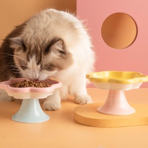 创意花朵陶瓷猫碗卡通猫咪碗防打翻宠物猫食盆水腕零食盘猫头盘