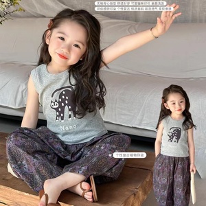 韩版童装女童吊带背心夏季新款儿童洋气时髦女宝外穿上衣裤子套装