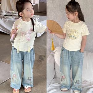 夏季女童t恤新中式儿童国风汉服短袖牛仔裤套装新款纯棉中国风潮