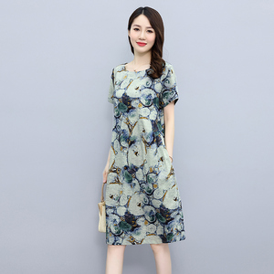 苏杭棉麻圆领碎中长款妈妈连衣裙杭州四季青印花气质减龄收腰洋气