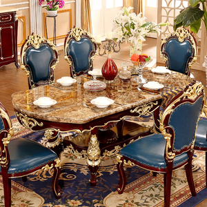 欧式餐桌全实木红檀色描金2米长桌啡网大理石面椭圆西餐桌椅组合