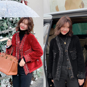 喜宝淘宝钰懿纺 米色针织条纹水貂外套皮毛一体女中长款秋冬皮草貂皮